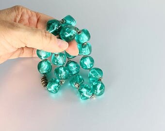 Venetian glass bead Necklace, Murano Teal Blue Silver Foil glass Necklace, vintage 1960s Italian jewelry