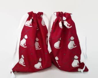 2 White Cat Silhouette on Red Drawstring Fabric Gift Bag Upcycled, Reusable
