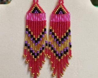 Native American Style Seed Bead Earrings, Pink, Purple, Gold, Black 3 Brick Stitch Gypsy Boho, Southwester, Tribal, Peyote Great Gift