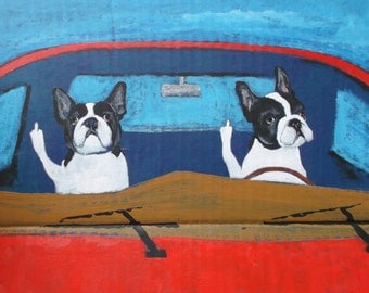 Boston Terrier Art Print of an original oil painting,"Road Rage",Dog Art, 8x10,signed