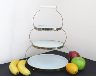 Vintage Fire King white milkglass tiered cupcake dessert display stand with antique-brass stand frame 3-tier wedding cake stand