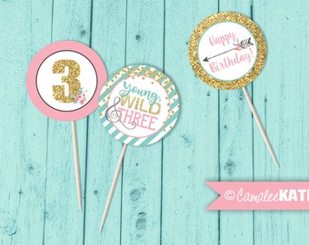 Young, Wild & Three Arrow / Printable 3rd Birthday Party Cupcake Toppers / Pink, Teal Blue, Gold Glitter / 2 inch round / INSTANT DOWNLOAD