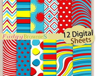 ON SALE Dr Seuss digital background12"x12", Dr Seuss kids birthday party paper pack, No.292/2 printable background, Instant download
