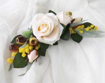 Silk Flower hair comb / clip. Cream roses, yellow wattle, gumnuts, green thistle. Hair flowers for wedding, photoshoot, party, races