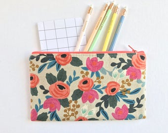 Rifle Paper Co Fabric Zipper Pouch, Pencil Case, Rosa Floral Pencil Pouch, Coral Cosmetic Bag, Gift bag