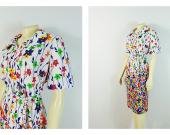 Vintage Dress 60s 70s Mad Men Day Dress White Floral Print Short Sleeves Spring Summer Dress Plus Size XXL 2X