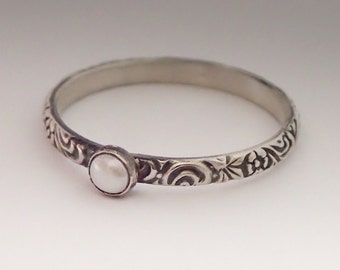 Pearl Ring, Sterling Silver Floral Pattern Band with 3mm White Freshwater Pearl, June Birthstone Ring, White Pearl Ring, Pattern Pearl Ring