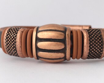 Mens Copper Bracelet - Leather Cuff mens - Beaded Bracelet - Gift for Him - Mens Bracelet Metal - Rustic Cuff - Brown Leather Cuff
