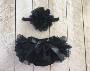 Baby Girl Ruffle Tutu Bloomer & Headband Set in Black - Newborn Photo Set - Cake Smash - Diaper Cover - Baby Gift - Birthday - Baby Gift