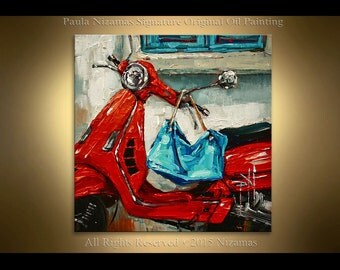 Painting on wood panel Oil original texture painting palette knife Scooter perfect for gift