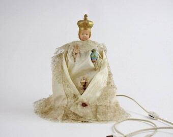 Vintage Infant Jesus of Prague Night Light TV Lamp- Large Plastic Child Jesus Portable Lamp with Silk Lace Vestments