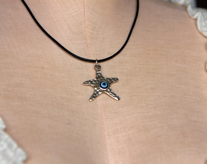 Evil eye leather necklace - Silver evil eye necklace - evil eye jewelry - turkish evil eye jewelry - adjustable leather necklace