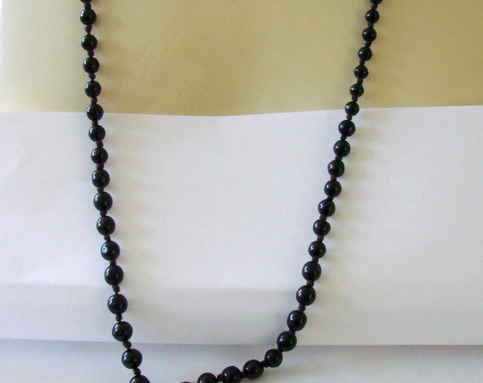 Vintage Flapper Graduated Black Glass Bead Necklace 38" Hand Knotted Antique Jewelry Jewellery