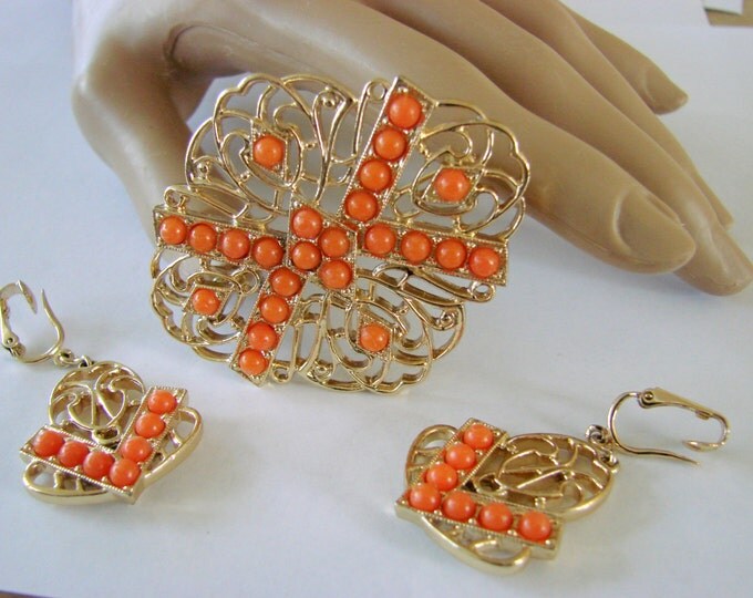 Vintage Sarah Coventry Faux Coral Goldtone Brooch & Earrings 80s Designer Signed Jewelry Jewellery