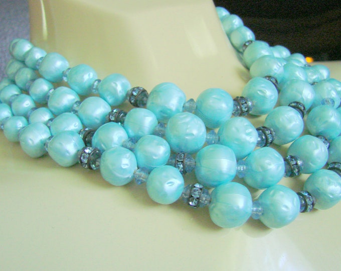 Vintage Aqua Faux Baroque Pearl Bead Bib Necklace / Light Blue Rhinestone Rondeles / Multi Strand / 1960s Jewelry / Jewellery