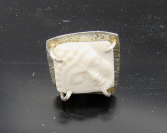 One-of-a-Kind Handmade Sterling Silver and Bone Resting Deity Ring