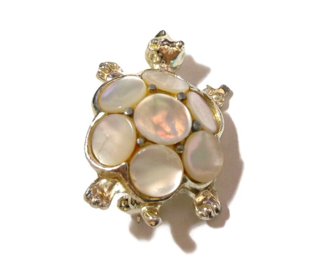 FREE SHIPPING Mother of Pearl turtle brooch, MOP silver tone pin, scatter pin