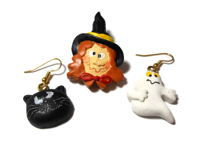 FREE SHIPPING Halloween brooch and earring set, ceramic witch brooch, ghost and black cat earrings on gold tone french hooks probably plated