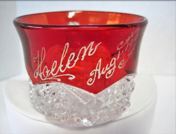 Ruby Flash Glass Cup - Victorian Era - Helen Aug. 1903 Souvenir - Holiday decor
