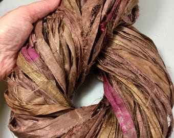 Recycled Sari Silk Ribbon Brown Tassel Sari Wrap Bracelet Jewelry Art Craft Eco Gift Wrap Fair Trade Crochet Fiber Art Supply