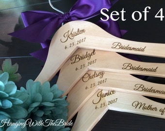 Set of 4 Wedding dress hanger, Wooden Engraved HangerCustom Bridal Hangers,Bridesmaids gift, Wedding hangers with names,Custom made hangers