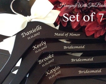 Set of 7 Wedding dress hanger, Wooden Engraved HangerCustom Bridal Hangers,Bridesmaids gift, Wedding hangers with names,Custom made hangers