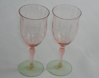 2 Vintage Pink Green Watermelon Depression Glass Goblets