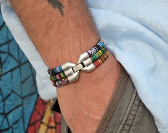 FREE SHIPPING - Men Ethnic Cord Bracelet- Mens Triple Wrap Cord Bracelet - Personalized Mens Bracelet - Silver Plated Clasp -Grooms Gift