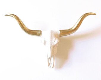 SMALL Faux Cow Skull Faux Taxidermy in WHITE - GOLD horns Longhorn wall hanging wall mount mini animal head farm house decor ranch decor