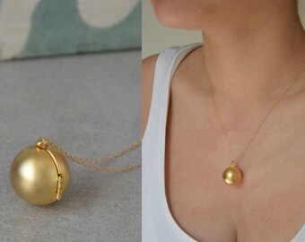 Gold ball locket, Secret message pendant, Personalized locket necklace, Gold filled necklace, Photo frame charm, Round message necklace