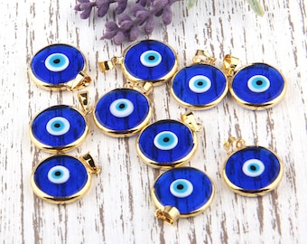 Transparent Navy Blue, Turkish Evil Eye Pendant, Good Luck Pendant, Shiny Gold Plated Open Bezel Setting, 1 piece // GP-474