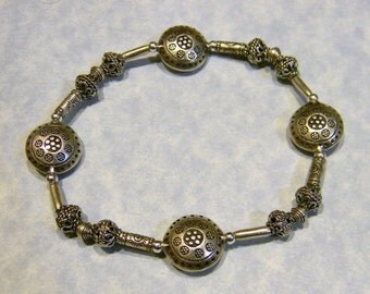 Hill Tribe Silver Disc and Tube Stretch Bracelet with Bali Beads