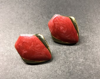 Vintage earrings , Red & Gold earrings , Enamel earrings , 80's earrings ,