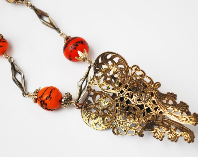 orange glass gold filigree Necklace -speckled orange black art glass - silver link - Mid century - glass bead