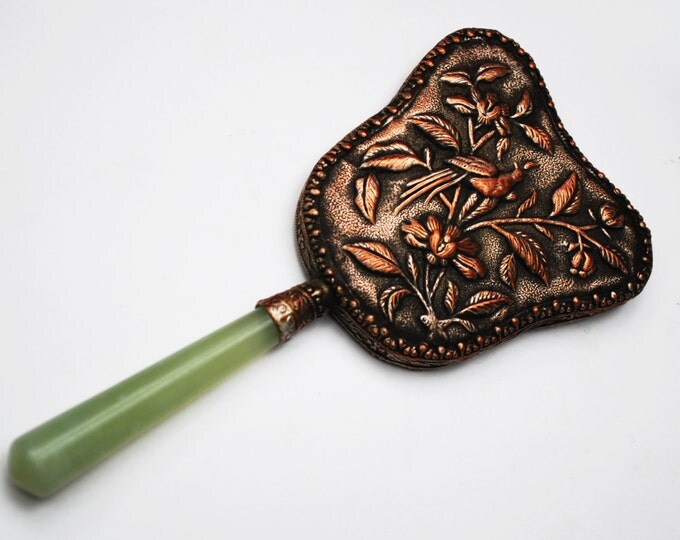 Flower Hand Mirror - Copper plated metal - Jade Green Glass Handle - Floral bird design - Vintage Vanity accessory