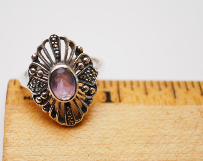 Amethyst Sterling ring - Marcasite - size 7 - Victorian Revival - Silver filigree