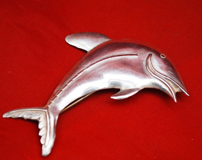 Sterling Dolphin Brooch - Silver Swimming fish - Sea life figurine pin