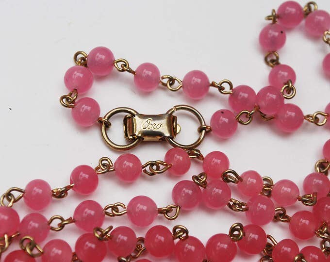 Coro Long Bead Necklace - Pink art glass beads - White milk glass - Signed - Mod century Vintage - 60 inches