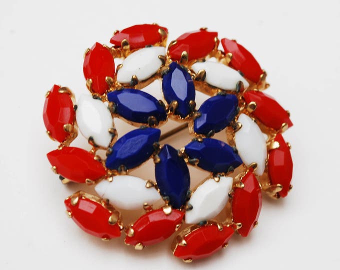 Red White blue Brooch - Colorful Glass Rhinestone - Patriotic - Mid Century - Circle Pin wheel Flower pin