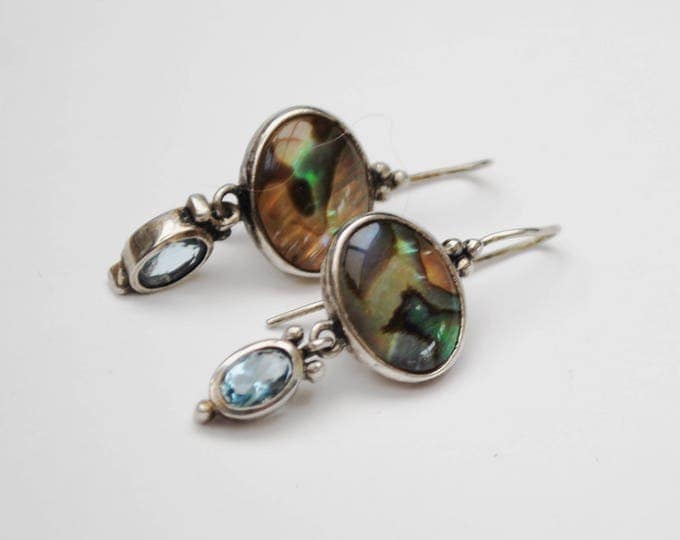 Abalone Sterling dangle Earrings- Blue open back glass - Drop pierced earrings