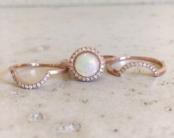 Round Opal Engagement Ring- Rose Gold Opal Engagement Ring Set- Genuine Opal Bridal Set Ring- Fire Opal Halo Wedding Ring Set