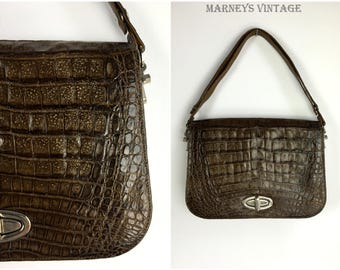 1960s Crocodile Skin Handbag - Vintage 60s Crocodile Skin Bag - 1960s Brown Croc Leather Shoulder Bag - Satchel -