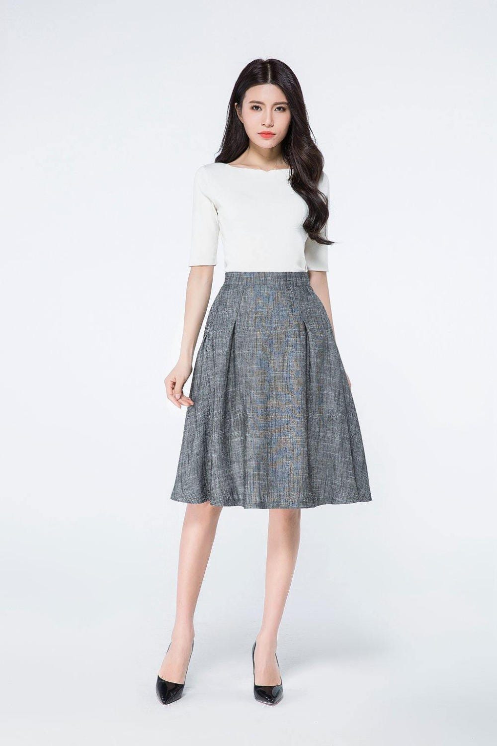 Gray linen skirt knee length skirtlinen skits mini skirt