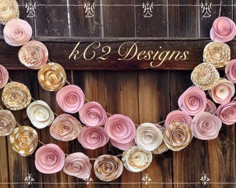 Paper Flower Garland blush garland gold Wedding Garland. Pink flowers paper flower garland rose quartz gold garland nursery decor baby girl
