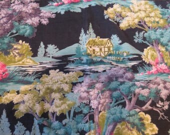 Vintage Bark Cloth Cafe/Valance Curtains/Abstract/Home Trees/Hand Stitched/Purple, Blue, Green, Yellow, Black