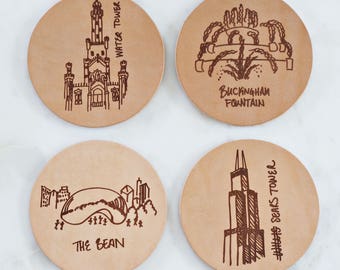 Leather Coasters – Chicago Gift – Chicago Coasters – Laser Engraved
