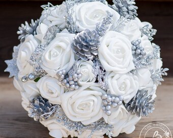 Winter wedding bouquet, winter bridal bouquet, winter wonderland wedding, white and silver wedding bouquet, pine cone pinecone bouquet,