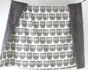 Large Baby/Toddler Blanket, Gray Owls with Gray Minky Dot