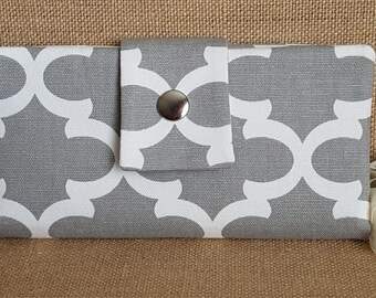 Womens Wallet, Fabric Wallet, Women's Bifold Wallet, Quatrefoil In Grey