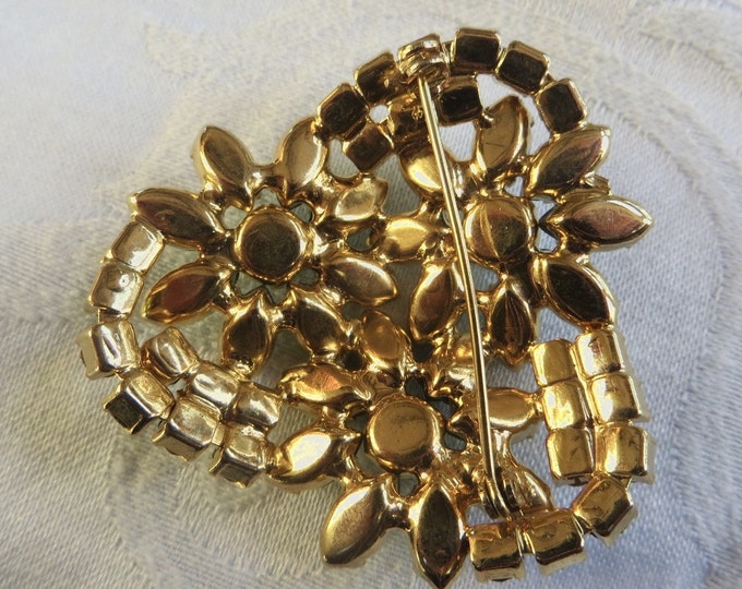 Vintage Rhinestone Flower Brooch, Green Navette and Aurora Borealis Stones, Sparkle Galore!